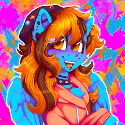 Size: 3500x3500 | Tagged: safe, artist:yumkandie, oc, oc only, pegasus, pony, badge, beanie, choker, clothes, ear piercing, earring, female, hair accessory, hat, high res, hoodie, jewelry, lesbian pride flag, lip piercing, nose piercing, nose ring, piercing, pride, pride flag, snake bites, solo, spiked choker, tongue piercing, transgender pride flag