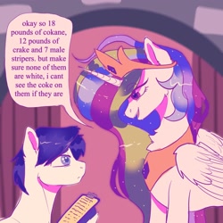 Size: 2048x2048 | Tagged: safe, artist:yumkandie, princess celestia, alicorn, pony, g4, clipboard, cocaine, dialogue, drugs, duo, female, high res, implied drug use, implied stripping, jewelry, male, master chief and luna hanging out, meme, peytral, regalia, text