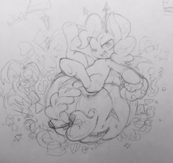 Size: 2048x1932 | Tagged: safe, artist:sibashen, pinkie pie, earth pony, pony, g4, female, looking at you, mare, one eye closed, open mouth, open smile, pumpkin, smiling, smiling at you, solo, traditional art