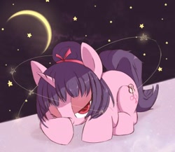 Size: 400x347 | Tagged: safe, artist:sibashen, oc, oc only, pony, unicorn, crescent moon, female, horn, lidded eyes, looking at you, mare, moon, solo, stars