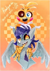 Size: 775x1100 | Tagged: safe, artist:sibashen, oc, oc only, pegasus, pony, five nights at freddy's, japanese, looking at you, sharp teeth, teeth, toy chica, translated in the comments, wings