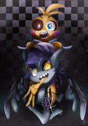 Size: 705x1000 | Tagged: safe, artist:sibashen, oc, oc only, pegasus, pony, five nights at freddy's, looking at you, sharp teeth, teeth, toy chica, wings