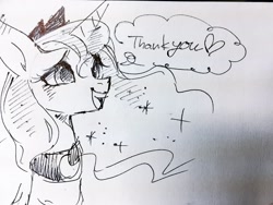 Size: 2048x1536 | Tagged: safe, artist:sibashen, princess luna, alicorn, pony, g4, female, heart, horn, mare, open mouth, solo, speech bubble, thank you, traditional art