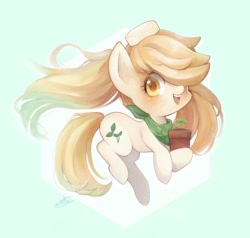 Size: 600x570 | Tagged: safe, artist:sibashen, oc, oc only, earth pony, pony, female, green background, hair over one eye, looking at you, mare, plant, potted plant, simple background, solo