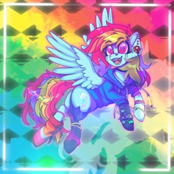 Size: 2048x2048 | Tagged: safe, artist:yumkandie, rainbow dash, pegasus, pony, g4, alternate design, amputee, bandaid, braces, clothes, ear piercing, earring, fishnet stockings, glowstick, hair accessory, heart, heart eyes, high res, hoodie, jewelry, nose piercing, nose ring, piercing, prosthetic leg, prosthetic limb, prosthetics, socks, solo, spiked wristband, wingding eyes, wristband