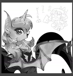 Size: 1370x1426 | Tagged: safe, artist:sibashen, princess luna, alicorn, bat pony, bat pony alicorn, pony, g4, bat ponified, bat wings, female, horn, japanese, looking at you, mare, monochrome, race swap, smiling, wings