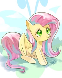 Size: 620x775 | Tagged: safe, artist:sibashen, fluttershy, pegasus, pony, g4, cute, female, mare, shyabetes, simple background, sitting, solo, white background, wings, wrong eye color