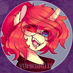 Size: 2048x2048 | Tagged: safe, artist:yumkandie, oc, oc only, pony, unicorn, bust, chest fluff, curved horn, fangs, female, glasses, heart, heart eyes, heterochromia, high res, horn, lip piercing, open mouth, piercing, round glasses, solo, watermark, wingding eyes