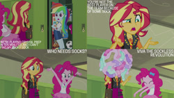 Size: 1280x720 | Tagged: safe, edit, edited screencap, editor:quoterific, screencap, pinkie pie, rainbow dash, sunset shimmer, human, equestria girls, g4, my little pony equestria girls: better together, sock it to me, clothes, cute, cutie mark on clothes, diapinkes, eyes closed, female, geode of empathy, geode of sugar bombs, grin, hallway, jewelry, lockers, magical geodes, necklace, open mouth, open smile, smiling, socks, text, trio