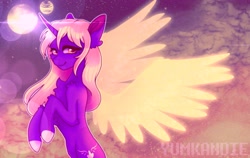 Size: 3206x2026 | Tagged: safe, artist:yumkandie, oc, oc only, alicorn, pony, alicorn oc, bipedal, cheek fluff, chest fluff, curved horn, ear fluff, female, flying, high res, horn, leg fluff, planet, solo, space, wings