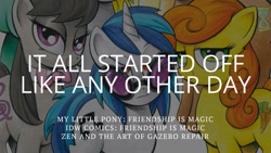 Size: 1280x720 | Tagged: safe, edit, editor:quoterific, idw, carrot top, derpy hooves, dj pon-3, doctor whooves, golden harvest, lyra heartstrings, octavia melody, time turner, vinyl scratch, earth pony, pegasus, pony, unicorn, g4, zen and the art of gazebo repair, female, looking at you, male, mare, offscreen character, smiling, smiling at you, stallion, text, trio focus