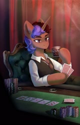 Size: 1200x1876 | Tagged: safe, artist:glumarkoj, oc, oc only, pony, unicorn, chair, clothes, curtains, drink, gambling, glass, male, necktie, playing card, poker, poker chips, poker face, shirt, solo, waistcoat