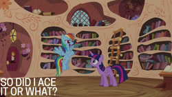 Size: 1280x720 | Tagged: safe, edit, edited screencap, editor:quoterific, screencap, rainbow dash, twilight sparkle, alicorn, pegasus, pony, g4, season 4, testing testing 1-2-3, book, crossed hooves, duo, female, flying, golden oaks library, mare, open mouth, open smile, smiling, spread wings, text, twilight sparkle (alicorn), wings