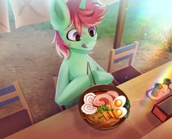 Size: 1617x1304 | Tagged: safe, artist:glumarkoj, oc, oc only, pony, unicorn, bowl, chair, chopsticks, dexterous hooves, egg (food), food, licking, licking lips, male, meat, noodles, ponies eating meat, ramen, solo, table, tongue out
