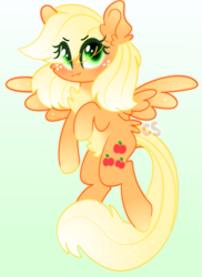 Size: 773x1061 | Tagged: safe, artist:cutiesparke, applejack, pegasus, pony, g4, :3, >:3, alternate hairstyle, blushing, chest fluff, determined, ear fluff, female, flapplejack, freckles, gradient background, gradient mane, green eyes, lightly watermarked, mare, race swap, raised hoof, simple background, solo, spread wings, watermark, wings