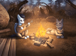 Size: 1280x950 | Tagged: safe, artist:glumarkoj, oc, oc only, cat, pegasus, pony, animated, anomaly, campfire, duo, forest, guitar, male, musical instrument, s.t.a.l.k.e.r.