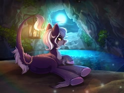 Size: 1600x1200 | Tagged: safe, artist:glumarkoj, oc, oc only, oc:shandra, pony, butt, cave, chains, female, full moon, lantern, leonine tail, moon, moonlight, plot, solo, tail, unshorn fetlocks, water