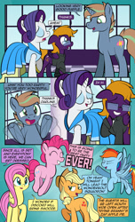 Size: 1920x3168 | Tagged: safe, artist:alexdti, applejack, fluttershy, pinkie pie, rainbow dash, rarity, oc, oc:brainstorm (alexdti), oc:purple creativity, earth pony, pegasus, pony, unicorn, comic:quest for friendship, g4, ^^, clothes, comic, dialogue, dress, ears back, eye contact, eyes closed, female, flying, folded wings, freckles, glasses, grin, high res, hoof on chest, hooves, horn, looking at each other, looking at someone, male, mare, offscreen character, open mouth, open smile, pegasus oc, raised eyebrow, raised hoof, smiling, speech bubble, spread wings, stallion, standing, two toned mane, underhoof, unicorn oc, wall of tags, wings