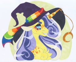 Size: 3640x2984 | Tagged: safe, artist:frozensoulpony, oc, oc:wyken pippen, pony, unicorn, bust, hat, high res, male, portrait, pride flag, solo, stallion, traditional art, witch hat