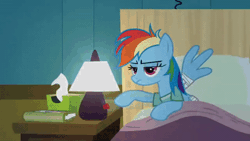 Size: 520x293 | Tagged: safe, screencap, rainbow dash, pegasus, pony, g4, read it and weep, season 2, animated, bed, blinking, female, gif, hospital, hospital bed, lamp, mare, ponyville hospital, solo, wings
