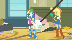 Size: 640x360 | Tagged: safe, screencap, applejack, fluttershy, pinkie pie, rainbow dash, rarity, human, equestria girls, g4, my little pony equestria girls, animated, applejack's hat, balloon, boots, bracelet, broom, catch, clothes, cowboy boots, cowboy hat, cutie mark on clothes, denim skirt, eyes closed, female, gif, gifs.com, grin, hairpin, hand on hip, hat, jewelry, open mouth, open smile, shoes, skirt, smiling, stetson