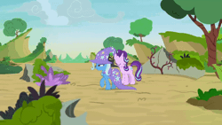 Size: 520x293 | Tagged: safe, screencap, pharynx, starlight glimmer, trixie, changeling, pony, unicorn, g4, season 7, to change a changeling, animated, bag, cape, clothes, eyes closed, female, flying, gif, hat, magic, male, mare, open mouth, open smile, sack, smiling, spread wings, telekinesis, trio, trixie's cape, trixie's hat, wings