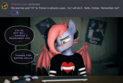 Size: 1920x1288 | Tagged: safe, artist:willitfit, oc, oc:tristan sev, bat pony, anthro, 3d, arm warmers, bat wings, bed, bedroom, clothes, desk, emo, emo hair, green eyes, heart, keyboard, mousepad, pink hair, poster, question and answer, shirt, solo, source filmmaker, speech, t-shirt, talking, wings