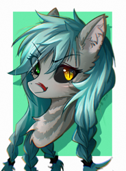 Size: 1406x1910 | Tagged: safe, artist:gale spark, oc, oc only, oc:schlangen v belka, black sclera, bust, chromatic aberration, ear fluff, eye clipping through hair, eyebrows, eyebrows visible through hair, forked tongue, looking at you, pigtails, portrait, solo