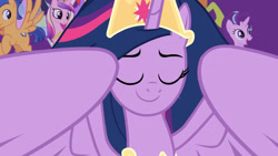Size: 3410x1920 | Tagged: safe, screencap, flash sentry, princess cadance, princess celestia, princess luna, starlight glimmer, thorax, twilight sparkle, alicorn, changedling, changeling, pegasus, pony, unicorn, g4, season 9, the last problem, crown, eyebrows, eyes closed, female, female focus, high res, jewelry, king thorax, male, mare, offscreen character, older, older twilight, older twilight sparkle (alicorn), open mouth, open smile, partially open wings, princess twilight 2.0, regalia, smiling, solo focus, spread wings, stallion, twilight sparkle (alicorn), wings