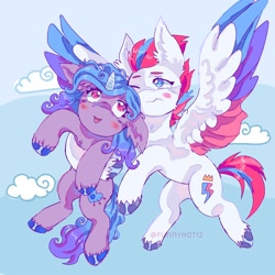 Size: 2000x2000 | Tagged: safe, artist:funnyhat12, izzy moonbow, zipp storm, pegasus, pony, unicorn, g5, blushing, carrying, cloud, colored wings, duo, duo female, ear fluff, female, flying, heart, heart eyes, high res, looking at someone, mare, multicolored wings, one eye closed, open mouth, open smile, sky background, smiling, wingding eyes, wings