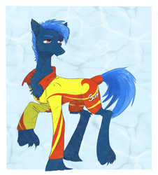 Size: 1741x1924 | Tagged: safe, artist:rover, artist:rrrover, oc, oc:skidfin, earth pony, pony, clothes, costume, solo, surfing