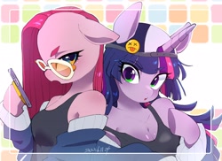 Size: 2748x2000 | Tagged: safe, artist:potetecyu_to, pinkie pie, twilight sparkle, earth pony, unicorn, anthro, g4, arm hooves, backwards ballcap, baseball cap, breasts, cap, cellphone, cleavage, duo, female, floppy ears, hat, high res, hoof hold, looking at you, mare, phone, pinkamena diane pie, smartphone, sunglasses