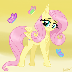 Size: 5000x5000 | Tagged: safe, artist:lostsheep, fluttershy, butterfly, pegasus, pony, g4, absurd resolution, aside glance, chest fluff, ear tufts, feathered fetlocks, female, folded wings, gradient background, looking at you, mare, smiling, smiling at you, solo, standing, tail, tail feathers, three quarter view, wings