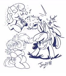 Size: 3508x4002 | Tagged: safe, artist:jowyb, apple bloom, rainbow dash, scootaloo, sweetie belle, earth pony, pegasus, pony, unicorn, g4, 2019, apple bloom's bow, bow, bucking, cutie mark crusaders, eyes closed, female, filly, foal, grin, gritted teeth, hair bow, hoof hold, microphone, monochrome, music notes, old art, plushie, rainbow dash plushie, signature, simple background, singing, sketch, smiling, teeth, the cmc's cutie marks, white background