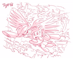 Size: 2255x1856 | Tagged: safe, artist:jowyb, rainbow dash, scootaloo, pegasus, pony, g4, 2020, flying, holding a pony, monochrome, old art, open mouth, scootalove