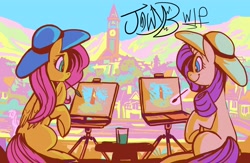 Size: 4096x2669 | Tagged: safe, artist:jowyb, fluttershy, rarity, pegasus, pony, unicorn, g4, 2021, easel, female, hat, mare, old art, painting, sun hat