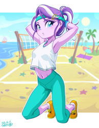 Size: 1000x1287 | Tagged: safe, artist:uotapo, diamond tiara, human, equestria girls, alternate hairstyle, armpits, beach, belly button, clothes, cute, diamondbetes, gameloft, headband, midriff, ocean, palm tree, pants, ponytail, sand, shoes, sleeveless, sneakers, socks, solo, sports, sports outfit, summer, sweatpants, tanktop, tree, volleyball net, water