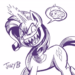 Size: 4092x4096 | Tagged: safe, artist:jowyb, rarity, pony, unicorn, g5, my little pony: a new generation, 2021, evil rarity, evil smile, female, fry brains, glowing, glowing horn, grin, horn, mare, monochrome, old art, possessed, smiling, solo, sproutity