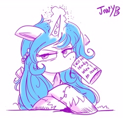 Size: 3247x3191 | Tagged: safe, artist:jowyb, izzy moonbow, pony, unicorn, g5, 2022, bust, crossed hooves, drinking, female, floppy ears, glowing, glowing horn, grumpy, high res, horn, izzy moodbow, izzy moonbow is not amused, looking away, looking sideways, mare, mug, partial color, solo, unamused
