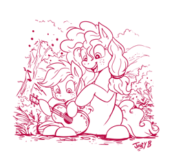 Size: 2170x2098 | Tagged: safe, artist:jowyb, applejack, pear butter, earth pony, pony, g4, 2022, :o, acoustic guitar, female, filly, filly applejack, freckles, guitar, high res, hoof hold, mare, monochrome, mother and child, mother and daughter, musical instrument, open mouth, signature, sitting, smiling, tree, younger