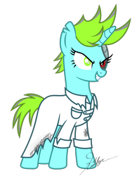 Size: 6000x7676 | Tagged: safe, artist:kaitykat117, oc, oc only, oc:mythic vision(kaitykat), pony, unicorn, g4, absurd resolution, alternate timeline, blind, clothes, disabled, evil grin, female, grin, horn, lab coat, mad scientist, mare, midnight!au(kaitykat), prosthetic eye, prosthetics, scientist, short hair, short mane, short tail, simple background, smiling, solo, tail, torn ear, transparent background, tyranny!au(kaity), unicorn oc