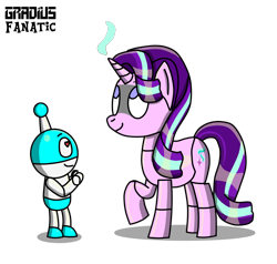 Size: 972x926 | Tagged: safe, artist:gradiusfanatic, starlight glimmer, oc, oc:bx-8, pony, robot, robot pony, unicorn, g4, duo, female, glimmerbot, male, roboticization, simple background, transparent background