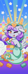 Size: 1080x2835 | Tagged: safe, artist:confetticakez, oc, oc only, oc:sleepy bean, pegasus, pony, clothes, convention, convention art, costume, female, focused, kigurumi, lego, mare, one eye closed, solo, sparkly eyes, tongue out, wingding eyes, wink