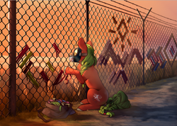 Size: 2425x1727 | Tagged: safe, artist:28gooddays, oc, oc only, earth pony, pony, bag, barbed wire, braid, braided tail, chain link fence, commission, context needed, fence, gas mask, high res, mask, ribbon, solo, tail