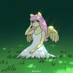 Size: 2048x2048 | Tagged: safe, artist:katputze, fluttershy, pegasus, anthro, g4, bangs, clothes, cute, dress, female, high res, mare, no pupils, shyabetes, signature, sitting, solo, sundress