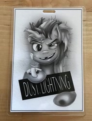 Size: 997x1310 | Tagged: safe, artist:laschitaw, lightning dust, pony, g4, badge, black and white, commission, female, grayscale, hurting, injured, irl, monochrome, mugshot, name, photo, realistic, solo