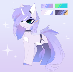 Size: 3970x3887 | Tagged: safe, artist:magnaluna, oc, oc only, oc:opal dreamstone, pony, unicorn, adoptable, chest fluff, clothes, coat markings, color palette, ear fluff, female, full body, garter belt, high res, hooves, horn, jewelry, makeup, mare, reference sheet, socks, solo, standing, stockings, tail, thigh highs, unicorn oc