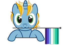 Size: 762x545 | Tagged: safe, artist:hazel bloons, oc, oc only, oc:sunny dawn, pony, unicorn, 1000 hours in ms paint, blue coat, bust, commission, cute, flag, gay pride flag, green eyes, holding, holding a flag, looking at you, male, mouth hold, pride, pride flag, pride month, simple background, smiling, solo, transparent background, ych result, yellow hair