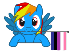 Size: 763x544 | Tagged: safe, artist:hazel bloons, oc, oc only, oc:sunamena, pegasus, pony, 1000 hours in ms paint, blue coat, bust, commission, cute, female, flag, genderfluid pride flag, holding, holding a flag, looking at you, mouth hold, multicolored hair, pride, pride flag, pride month, red eyes, simple background, smiling, solo, transparent background, wings, ych result