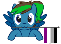 Size: 763x545 | Tagged: safe, artist:hazel bloons, oc, oc only, pegasus, pony, asexual pride flag, blue coat, blue eyes, bust, commission, cute, female, flag, holding, holding a flag, looking at you, mouth hold, multicolored hair, pride, pride flag, pride month, simple background, smiling, solo, transparent background, wings, ych result
